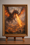 Dragon in flames over medieval city