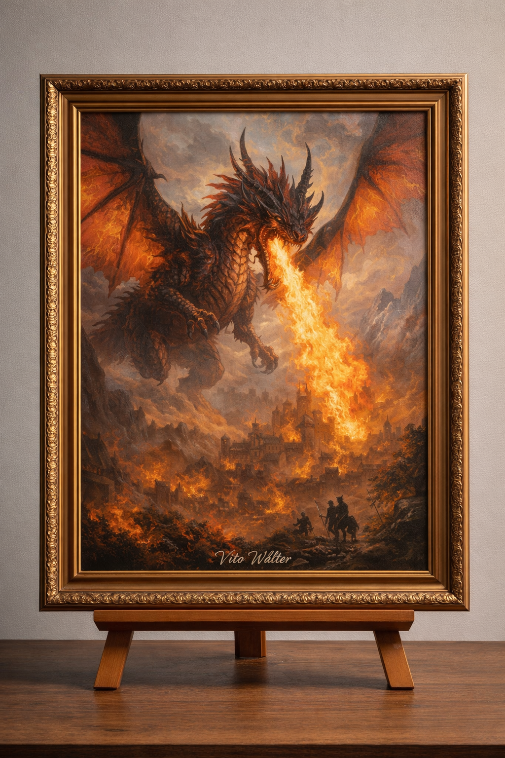Dragon in flames over medieval city