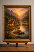 Lakeside village at sunset