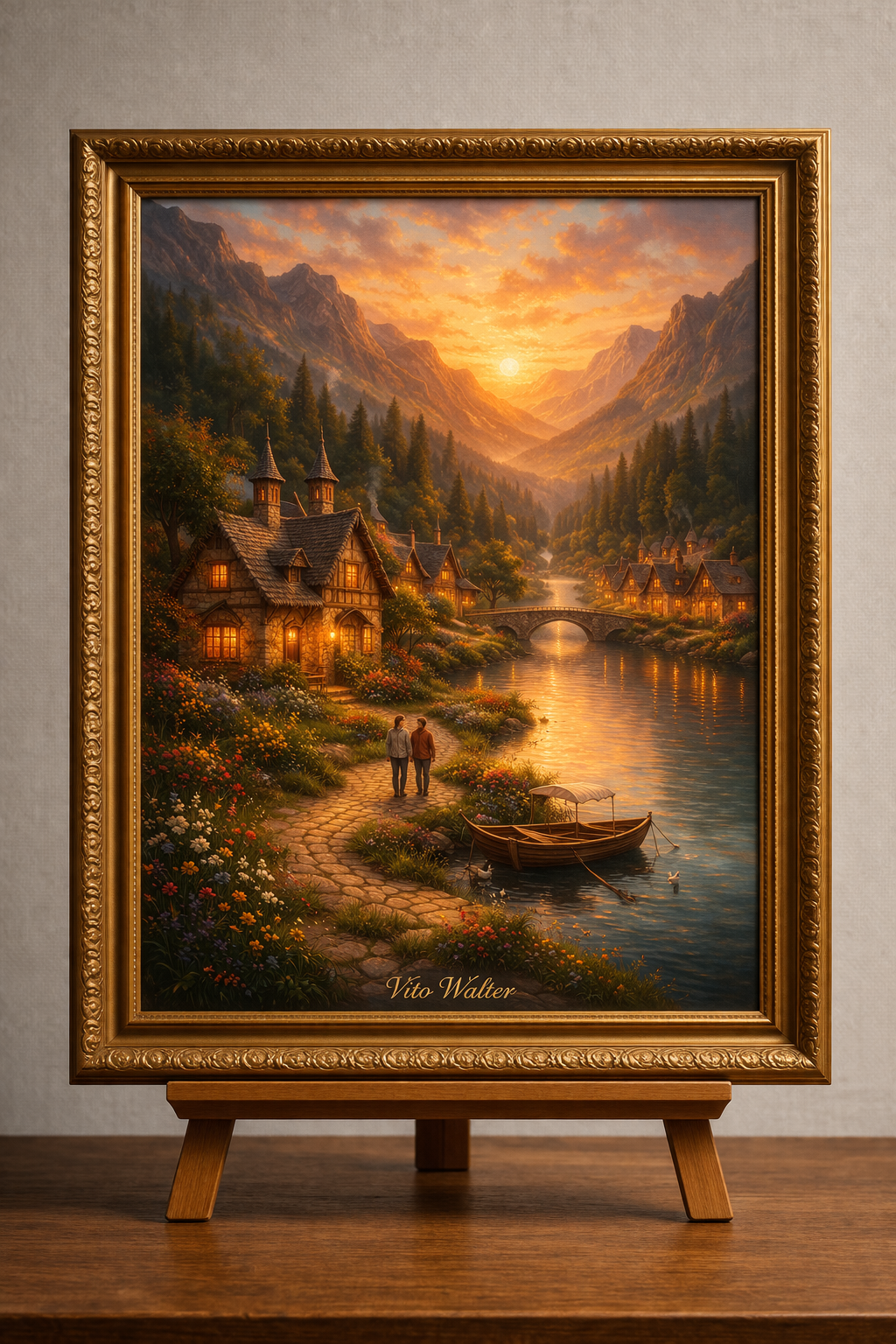 Lakeside village at sunset