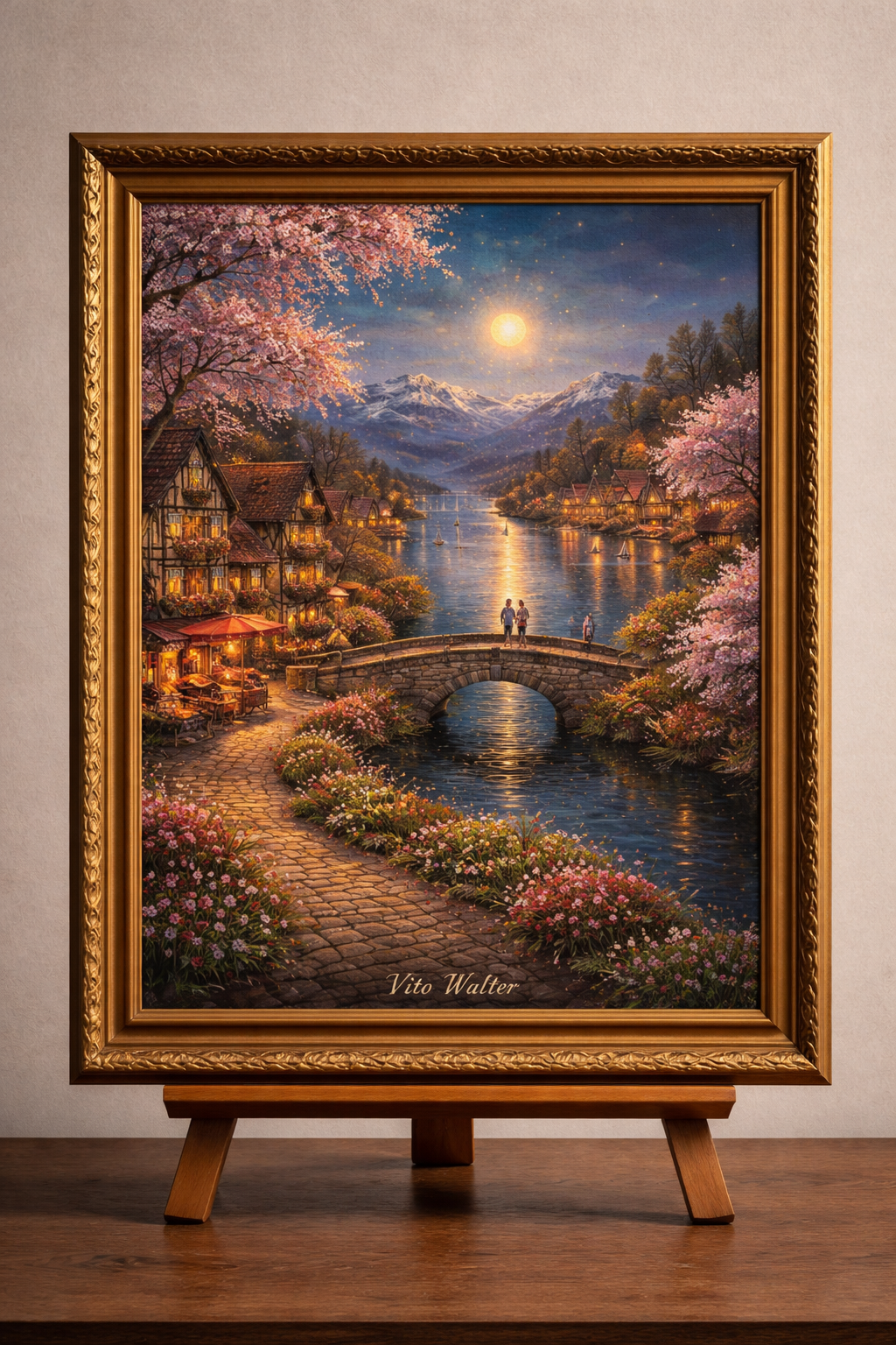 Village at twilight by the lake