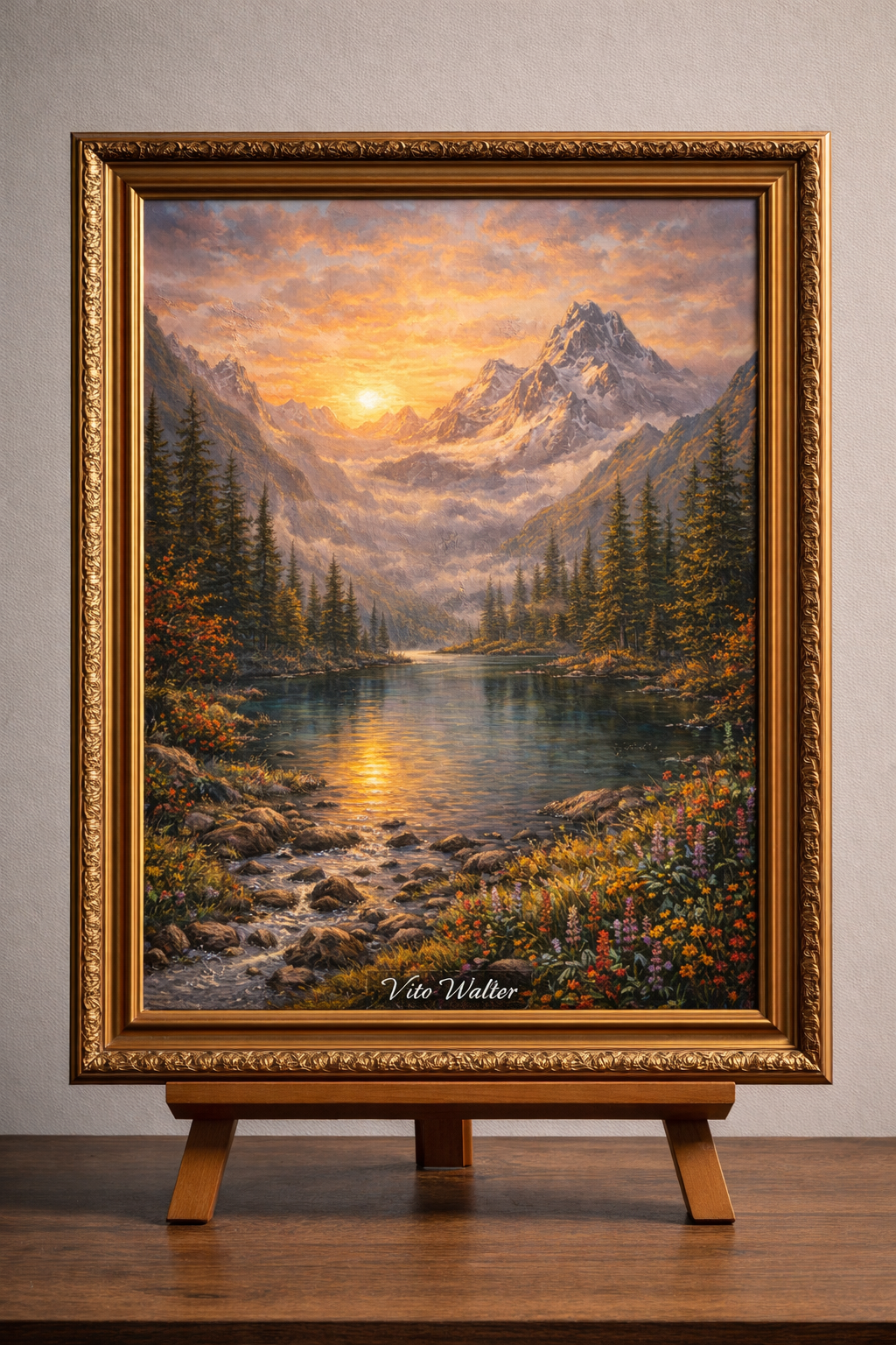Majestic mountain sunset with alpine lake