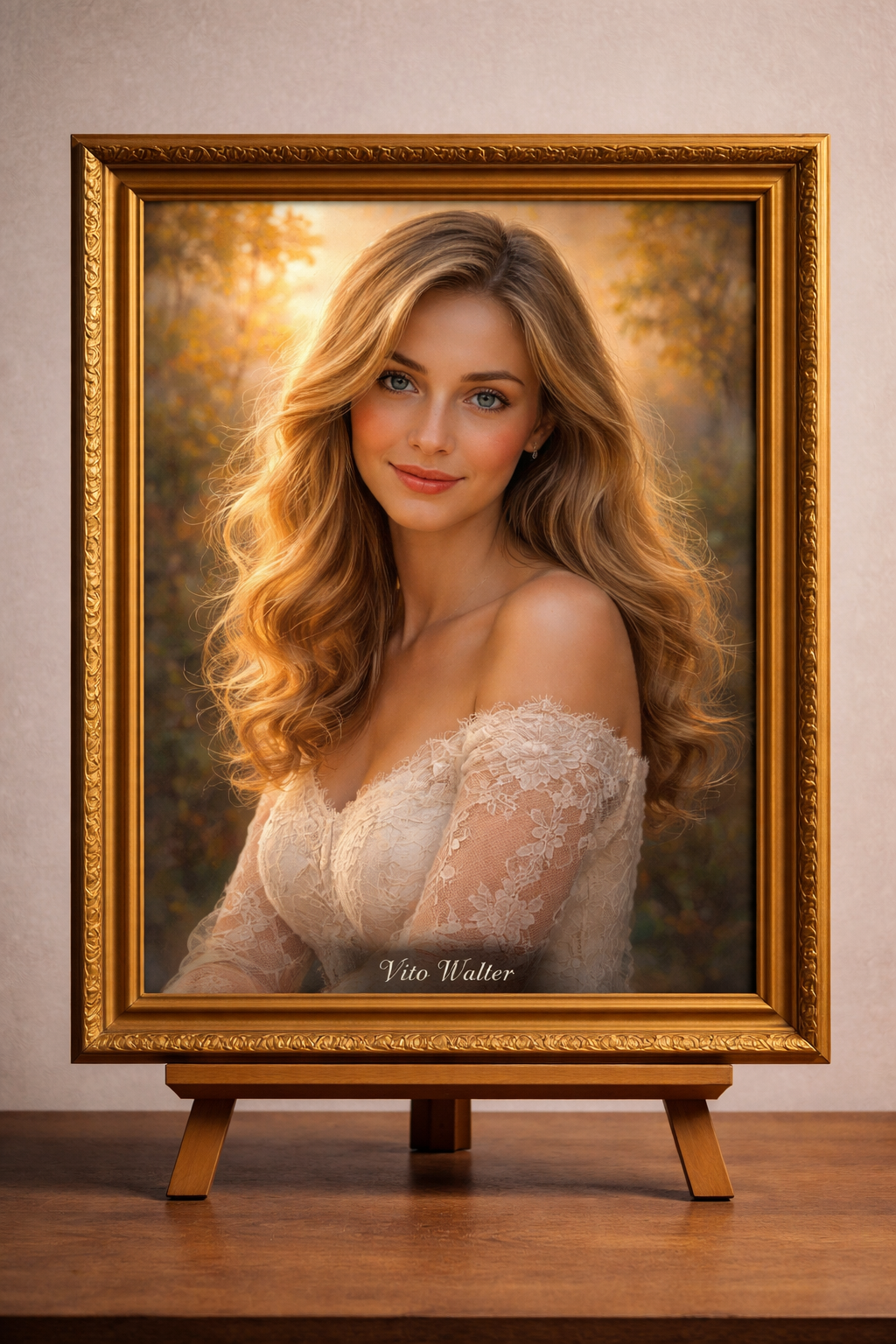 Beautiful portrait on a wooden easel